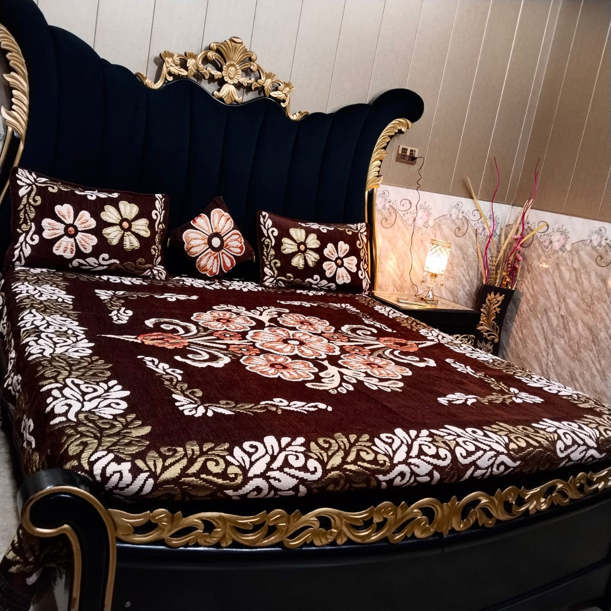 Al Ghani O Nisar Jovial Jacquard bedsheet with intricate patterns in soft, elegant fabric displayed on a neatly made bed.