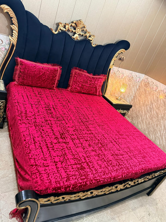 Al Ghani O Nisar Barfi Velvet bedsheet with intricate floral patterns in rich colors, showcasing luxurious fabric and detailed design.