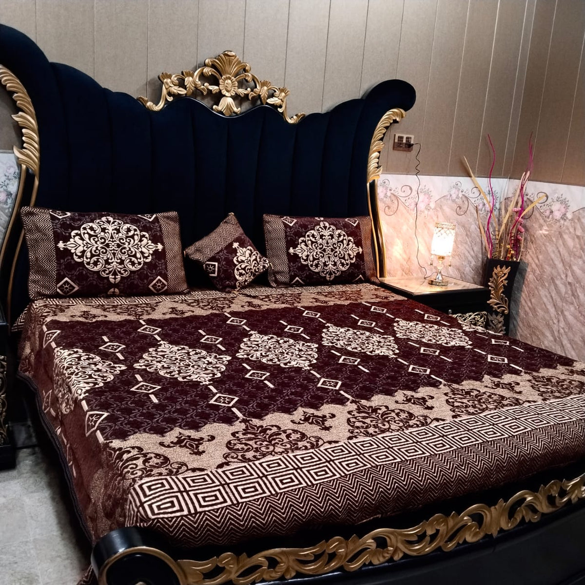 Al Ghani O Nisar Jovial Jacquard bedsheet with intricate patterns in soft, elegant fabric, displayed on a neatly made bed.