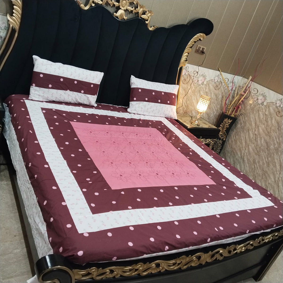 Al Ghani O Nisar embroidered patchwork bedsheet with colorful intricate patterns and soft fabric for a stylish bedroom decor.